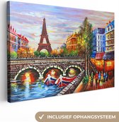 Canvas - Schilderij - Parijs - Water - Eiffeltoren - Stad - Olieverf - 120x80 cm - Muurdecoratie - Interieur