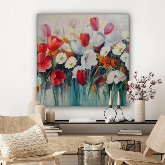 Toile - Peinture - Huile - Fleurs - Nature - 90x90 cm - Décoration - Intérieur