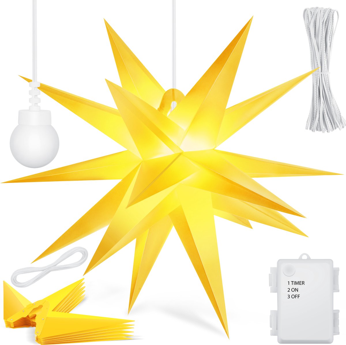 KESSER® LED Kerst Ster 3D, LED Verlichting met Timer, Kerstster Lampjes voor Binnen en Buiten, Kerstverlichting Advent Ster Verlichte Hangend, Warm Wit Licht - Geel / 35 cm, mit Timer