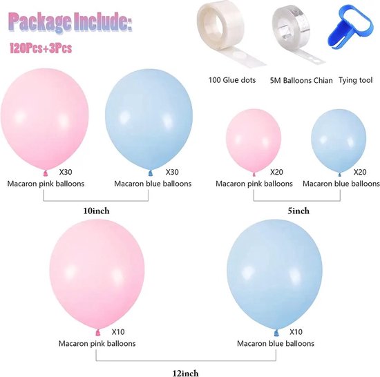 Pakket met roze en blauwe macaron ballonnen in maten 5, 10 en 12 inch, inclusief lijmstippen, ballonketting en knoopt tool.