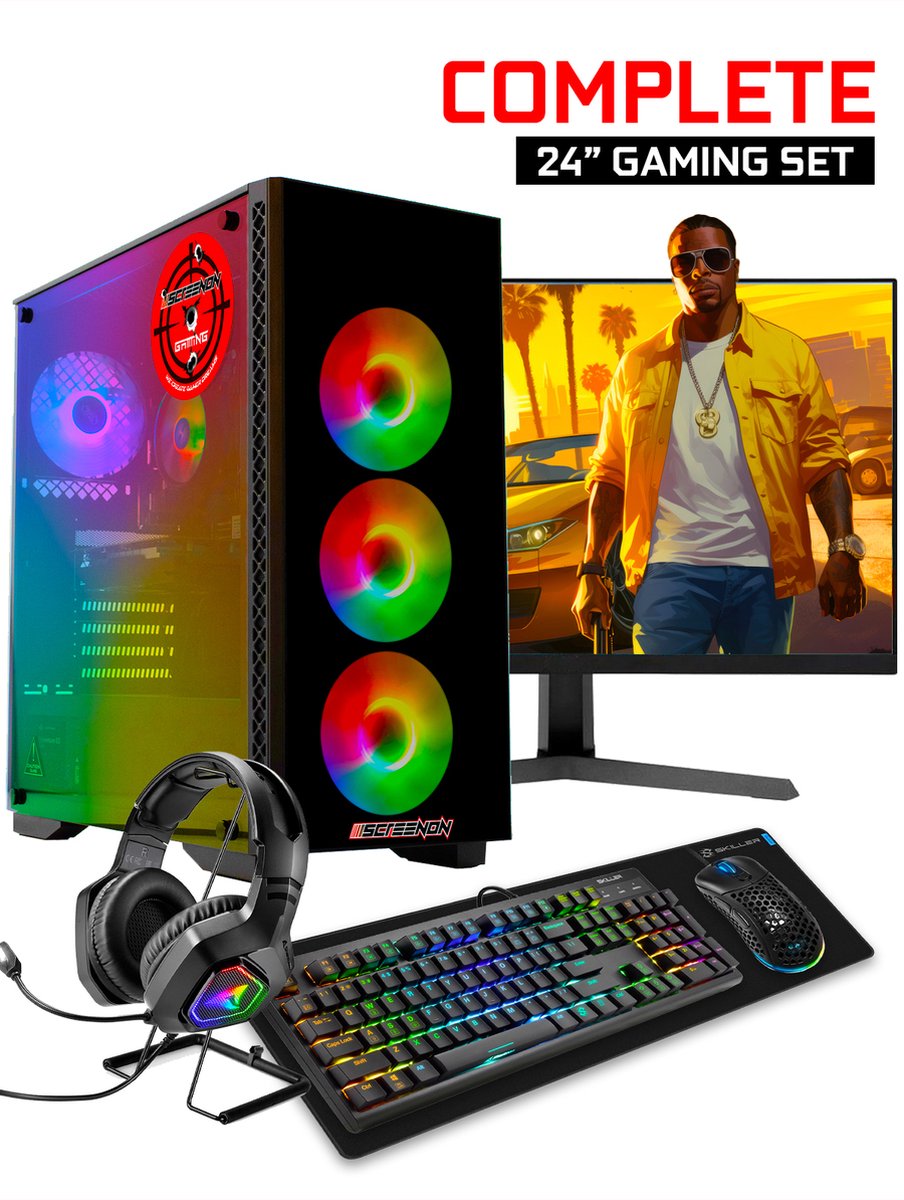 ScreenON - Gaming Set T46187 -W2 (GamePC.T46187 + 24 Inch Monitor + Toetsenbord + Muis & Muismat + Headset & Houder)