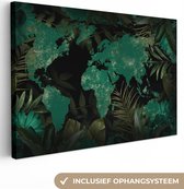 Canvas Wereldkaart - 180x120 - Wanddecoratie Wereldkaart - Groen - Bladeren