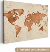 Wereldkaart de l'aquarelle brune sur fond avec des taches d'or et des lettres 30x20 cm