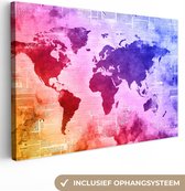 Canvas Wereldkaart - 60x40 - Wanddecoratie Wereldkaart - Waterverf - Regenboog