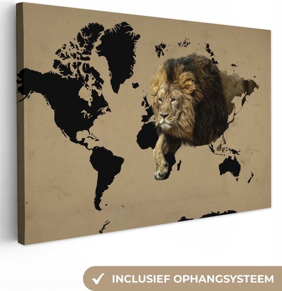 Canvas Wereldkaart - 120x80 - Wanddecoratie Wereldkaart - Zwart - Leeuw