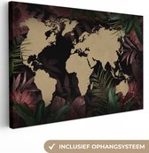 Canvas Wereldkaart - 60x40 - Wanddecoratie Wereldkaart - Tropische planten - Bruin