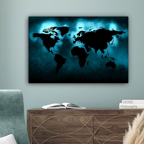 Peintures Toile Wereldkaart - Zwart - Blauw - 150x100 cm - Décoration murale
