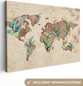 Canvas Wereldkaart - 30x20 - Wanddecoratie Wereldkaart - Retro - Planten