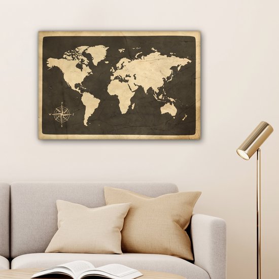 Peintures sur toile Wereldkaart - Rose des vents - Vintage - 150x100 cm - Décoration murale