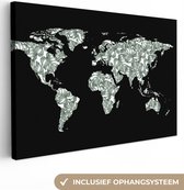 Wereldkaart avec motif de feuilles tropicales en noir et blanc 90x60 cm