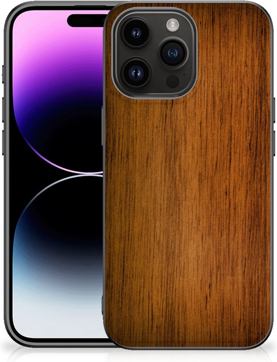 Back Cover voor iPhone 15 Pro Max Houten Print Telefoonhoesje Donker Hout