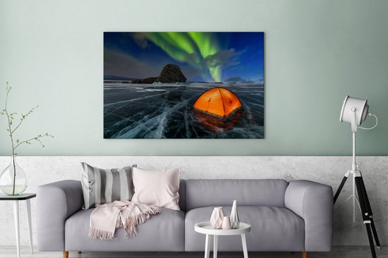 Tente sur la glace sous les aurores boréales toile 2cm 140x90 cm - Tirage photo sur toile (Décoration murale salon / chambre) / Phénomènes naturels Peintures sur toile