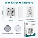 Afmetingen van de digitale thermometer en hygrometer: 4.3x4.3x1.3 cm. Inclusief batterij en plakstrip.