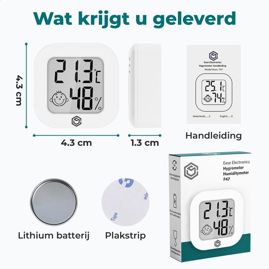 Afmetingen van de digitale thermometer en hygrometer: 4.3x4.3x1.3 cm. Inclusief batterij en plakstrip.