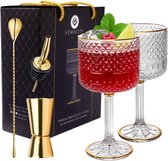 Luxe gin-tonic glazenset | 2 x gin-glaasjes/cocktailglaasjes met gouden details | Gouden lepel, dubbele spiritusmaat & spiritusschenker en recepten-e-boek. gin cadeau | Gin glazen set