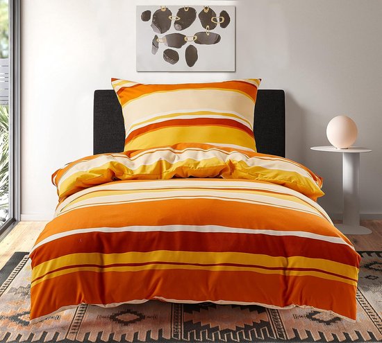Beddengoed, 135 x 200 cm, 2-delige set, extra zachte beddengoedsets voor eenpersoonsbed, hoogwaardige microvezel dekbedovertrek met kussensloop 80 x 80 cm, gele oranje strepen