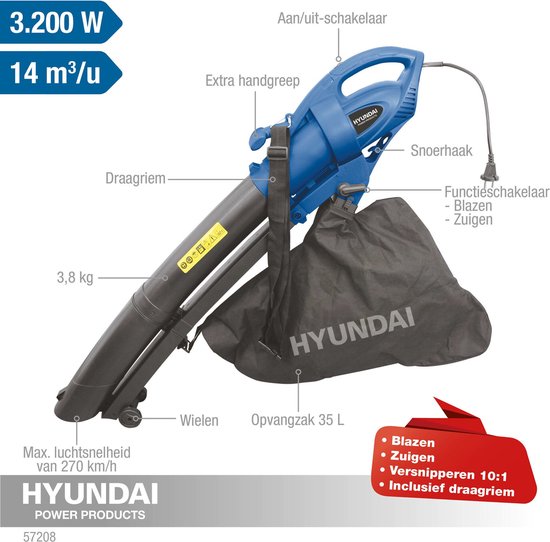 Hyundai 3-in-1 bladblazer electrisch 3200W - Bladzuiger met Versnipperaar-  incl. 35 liter opvangzak - Hyundai Power Products