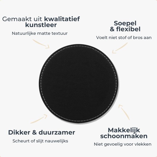 Castagnola Sous-verres de Verre en Similicuir avec Support - Sous-verres pour Verres - Sous-verres Design - Ensemble de Dessous de Verre - Sous-verres de Verre - Similicuir - Sous-verres en Cuir - Set de 6 - Zwart avec Coutures