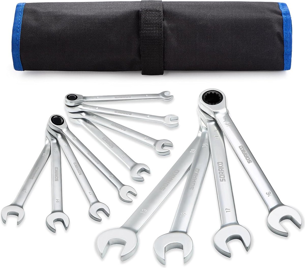Ratelsleutelset, ringsleutelset, moersleutelset 8-19 mm, 12 stuks stalen sleutel, ringsteeksleutel voor fietsreparatie autoreparatie