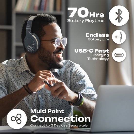 Man met een PowerLocus P19 koptelefoon op, zittend met een laptop, met icoontjes voor 70 uur batterij, snelladen en multi-point connectie.