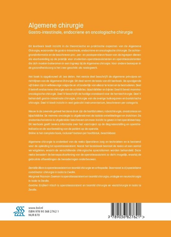 Boek "Algemene chirurgie: Gastro-intestinale, endocriene en oncologische chirurgie". Oranje kaft met tekst en een stethoscoop.