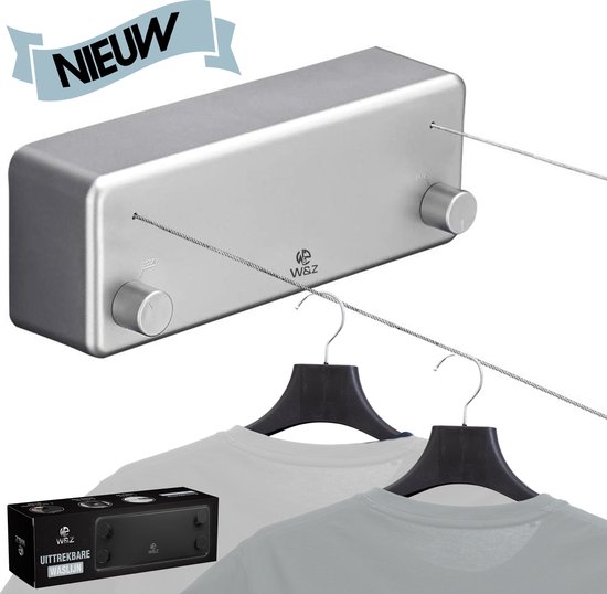 W&Z Corde à Linge Extensible - Corde à Linge - Corde à Linge Extensible - Fil de Séchage en Rouleau - Fil de Fil à Linge avec Âme en Acier - Longueur de Séchage 8,4 m - Grijs