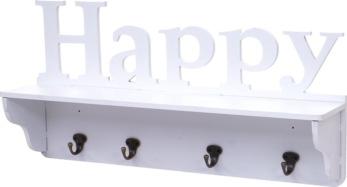 Wandkapstok MCW-D41 Happy, kapstok plank, 4 haken solide 30x60x13cm ~ wit