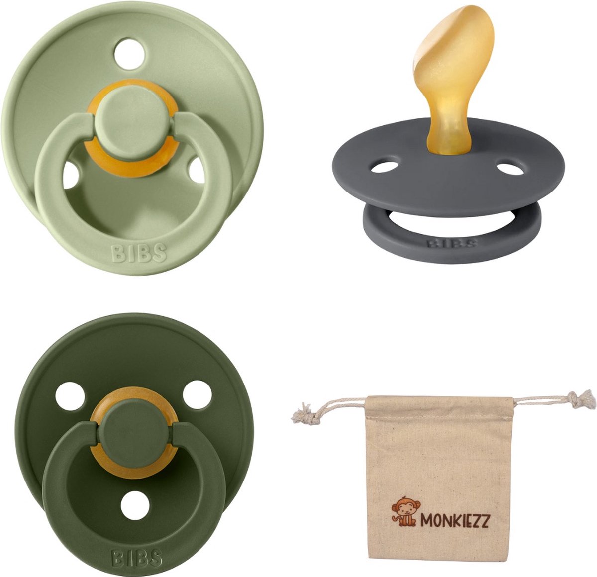 Goedkoopste Bibs Dental fopspenen Anatomical 6-18 maanden- Set 3 stuks- Sage, Iron, Hunter Green - Monkiezz speenzakje - orthodontisch- Anatomisch- Maat 2