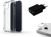 OneOne Camera lens protector, hoesje en oplader. 15 Watt lader met TUV / GS keurmerk, Shock Corner Case en camera protector van glas zijn volledig transparant. Geschikt voor iPhone 13 Mini.
