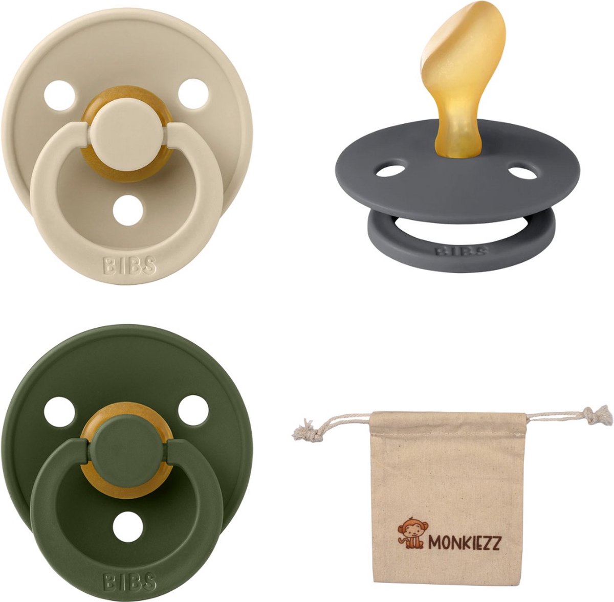 Goedkoopste Bibs Dental fopspenen Anatomical 0-6 maanden- Set 3 stuks- Vanilla, Iron, Hunter Green - Monkiezz speenzakje - orthodontisch- Anatomisch- Maat 1