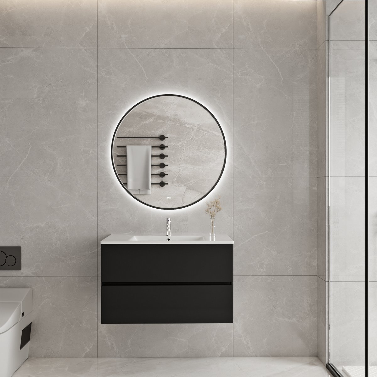 Badkamermeubel met wastafel Zwart 80 CM en Ronde LED Badkamerspiegel 80 CM - Complete Badkamermeubelset - Vestland
