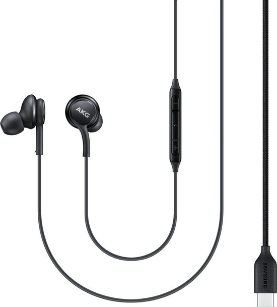Zwarte AKG in-ear oordopjes met inline bediening en USB-C connector.