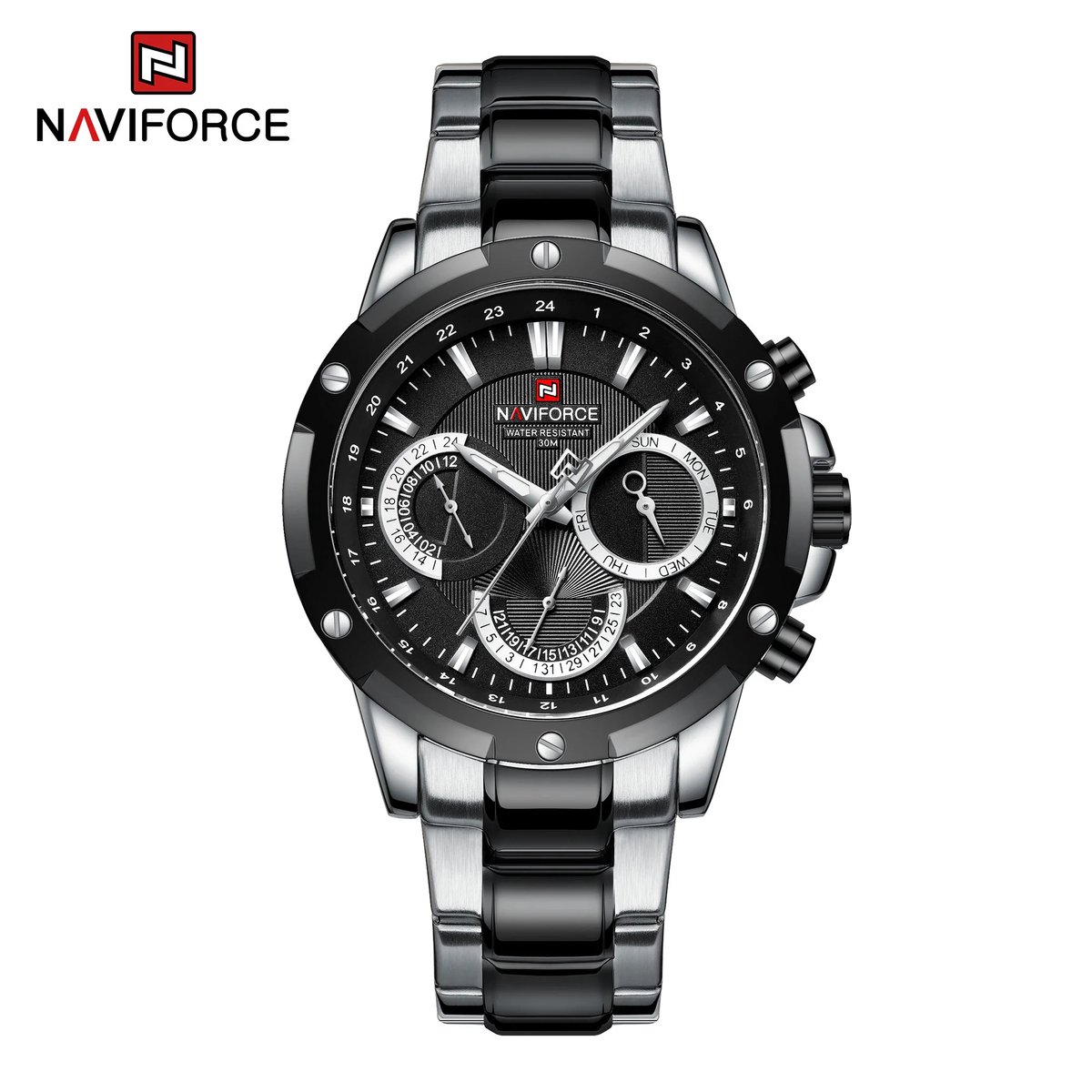 NAVIFORCE horloge voor mannen, met zilver met zwart metalen polsband, zwarte uurwerkkast en zwarte wijzerplaat ( model 9196S SB ), verpakt in mooie geschenkdoos