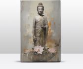 Buddha met bloemen - Mini Laqueprint - 9,6 x 14,7 cm - Niet van echt te onderscheiden handgelakt schilderijtje op hout - Mooier dan een print op canvas. - LWS513