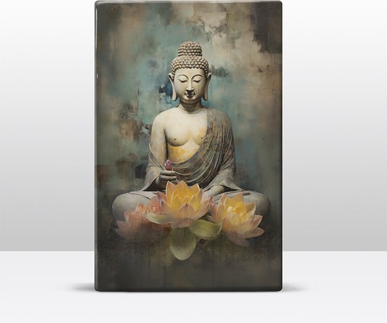 Buddha met bloemen - Laqueprint - 19,5 x 30 cm - Niet van echt te onderscheiden handgelakt schilderijtje op hout - Mooier dan een print op canvas. - LW534