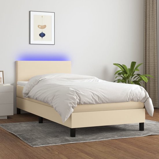 The Living Store Boxspring - LED - Pocketvering - Huidvriendelijk - 203x80x78/88cm - Crème - 100% polyester