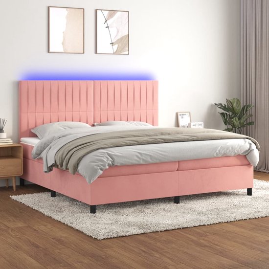 The Living Store Boxspring Pink Velvet - Bed with LED Lights - Pocket Spring Mattress - Skin-Friendly Topper - 203x200x118/128 cm - Pink - Velvet - Plywood - 2x100x200 cm Bed Mattress - 200x200x5 cm Topper - 2 LED Strips