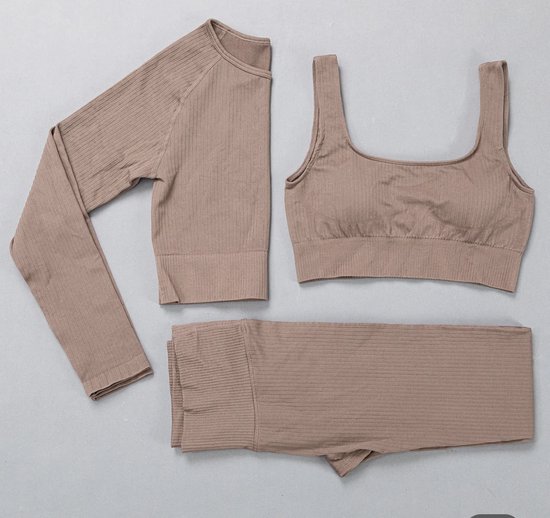 Ensemble de gym - LIGHT RIBBED - Taille M - Marron - 3 pièces - Ensemble de vêtements de sport - Ensemble de sport - Leggings et haut de gym - Ensemble Fitness - Leggings et haut de Fitness - Ensemble de Yoga - Leggings et haut de yoga