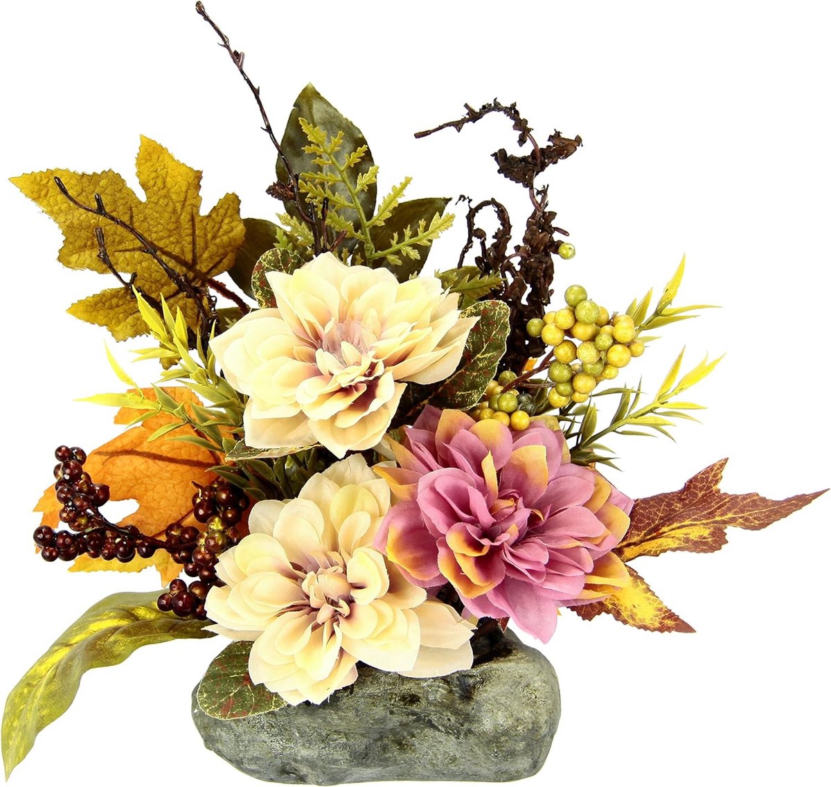 Kunst Dahlia Arrangement op Kunststeen Kunstbloemen Herfst Arrangement Halloween Kunstdecoraties Tafelornamenten voor Halloween Thanksgiving Herfstdecoratie