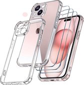 Hoesje Geschikt voor iPhone 15 Plus – Transparant Siliconen Anti Shock backcover hoesje – Met Glazen Screenprotector – 3 pack