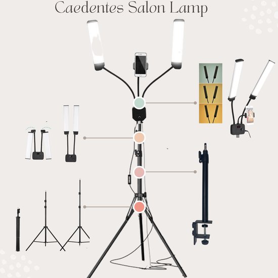Caedentes studiolamp - Dubbelarmige LED-lamp met tripod & tafelstatief - Beautylamp - Salon Lamp - Multimedia lamp - LED Lamp voor Schoonheidsspecialisten