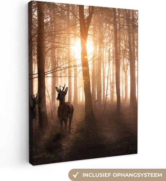 Toile - Forêt - Cerf - Nature - Coucher de soleil - Animaux - Canvasdoek - 60x80 cm - Peintures sur toile - Peinture sur toile