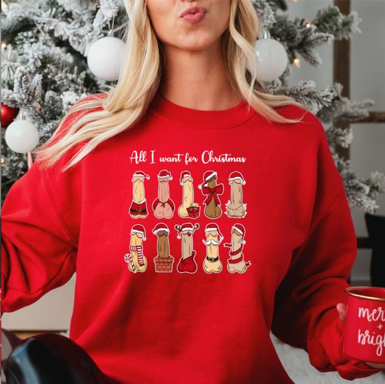 Foute kersttrui- All i want for christmas P - Kerst sweater- Dames -Kleur rood maat L