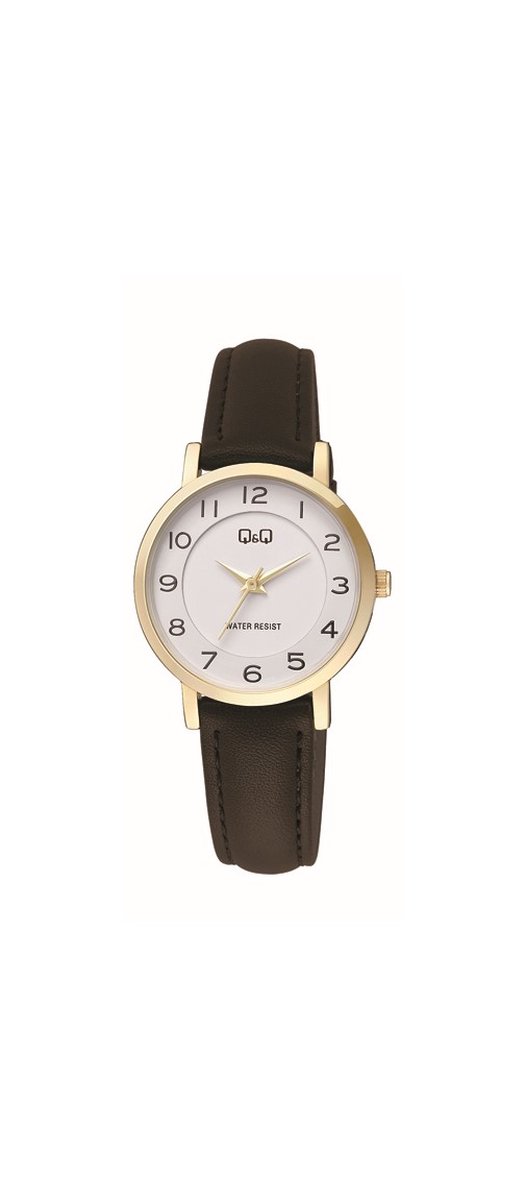 QQ C60A-001PY - Horloge - Analoog - Vrouwen - Dames - Leren band - Rond - Metaal - Cijfers - Zwart - Goudkleurig - Wit - 3 ATM