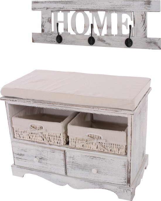 Armoire avec banc Commode avec 2 paniers 42x62x33cm, Shabby- Look, Vintage ~ blanc