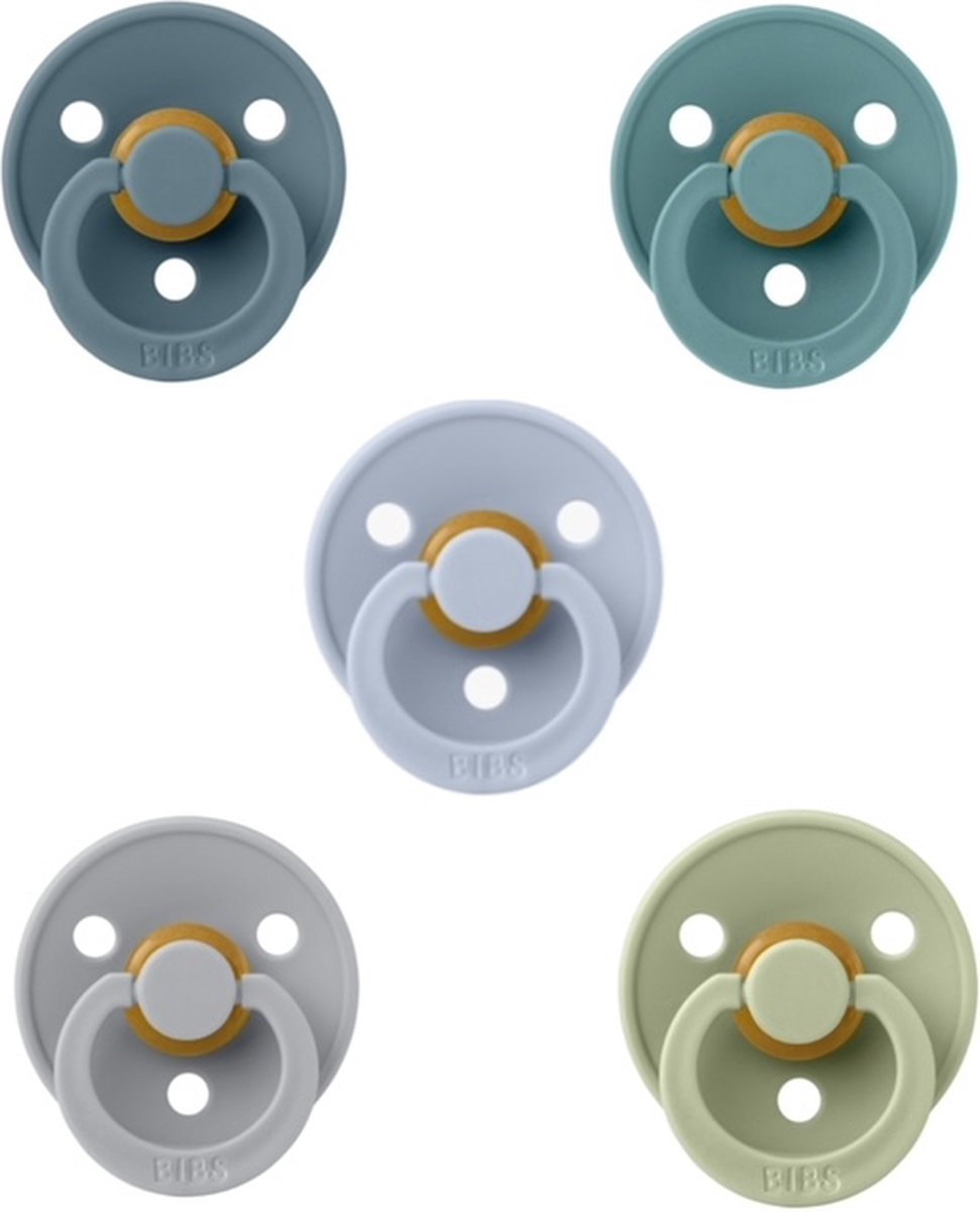 Goedkoopste Bibs fopspenen 0-6 maand set 5 stuks Petrol,Island Sea,Sage,Dusty Blue en Cloud maat 1