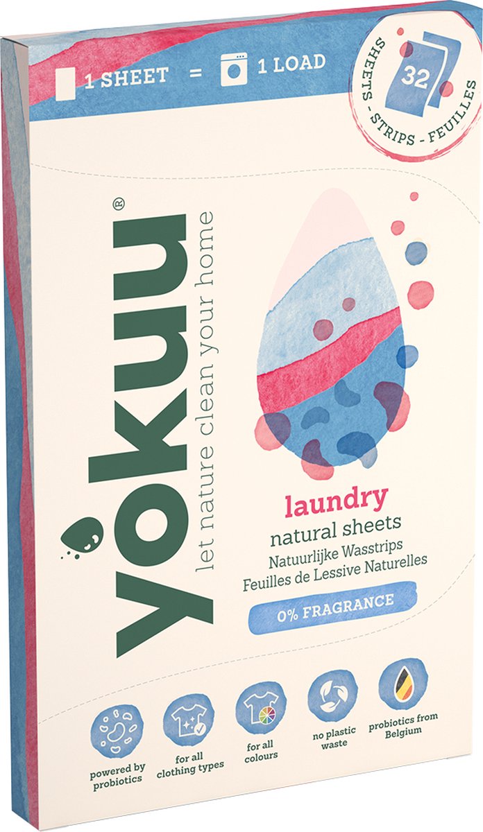 YOKUU Wasstrips - 32 Wasbeurten - Eco Wasmiddel - Wasdoekjes voor Zwart, Wit en Kleur Was - 0% Geur