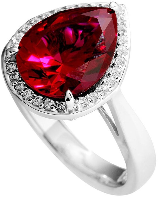 Diamonfire - Zilveren ring met steen Maat 19.5 - Druppelvormige rode steen - Pav‚ rand