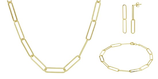 Schitterende SET : 14 Karaat Gouden Halsketting Armband en Oorstekers paperclip | Geschenkset
