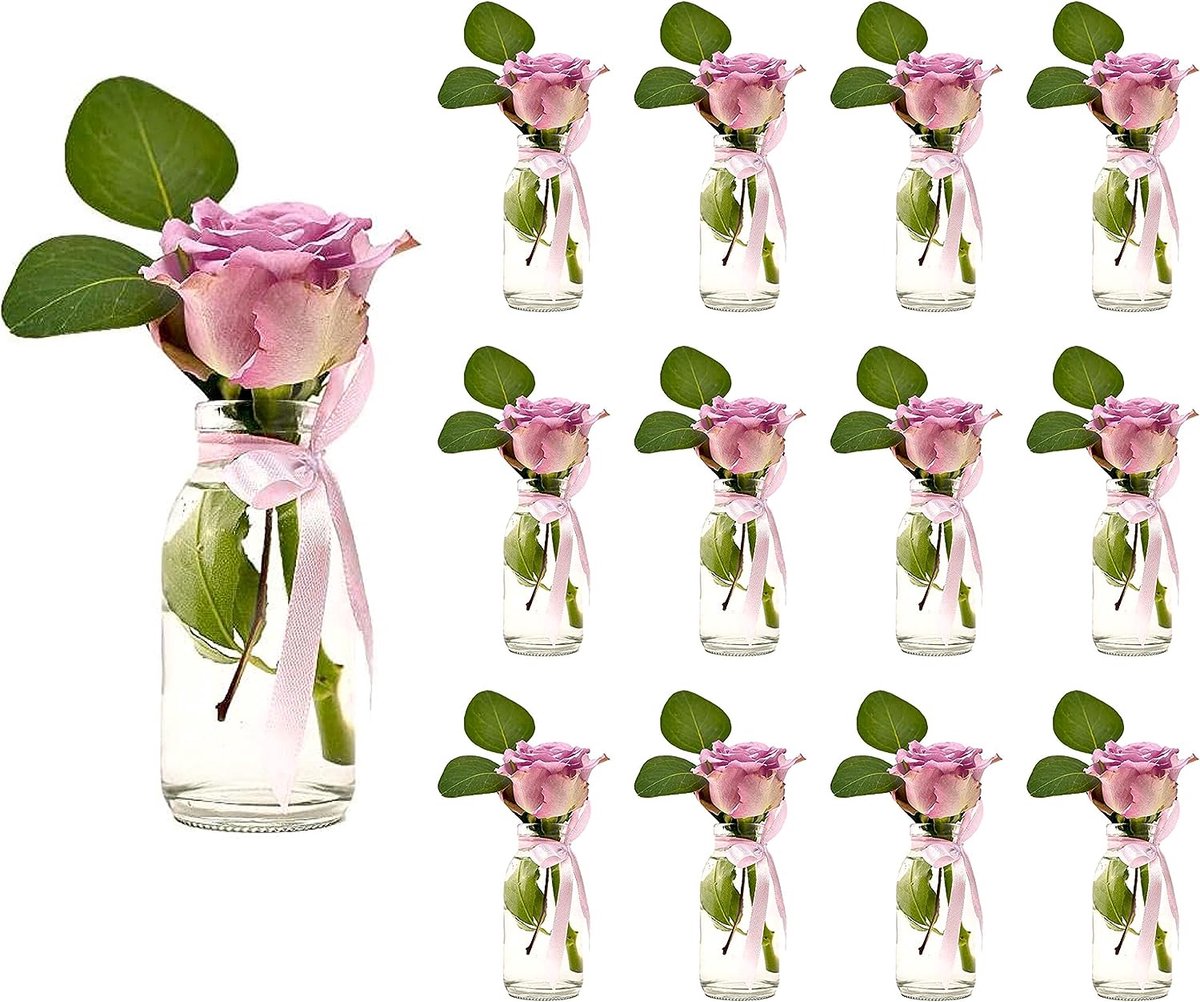 12 x glazen flesjes in landelijke stijl fles decoratieve vaas tafelvazen decoratieve flessen bruiloft glazen vazen (TR-melk- 12 stuks roze)